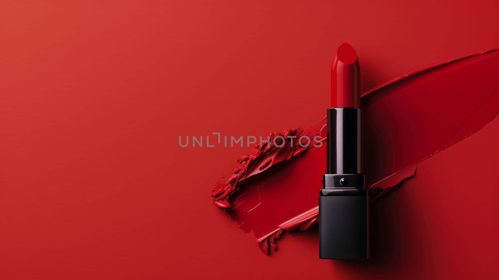 Close up of red lipstick on red background.