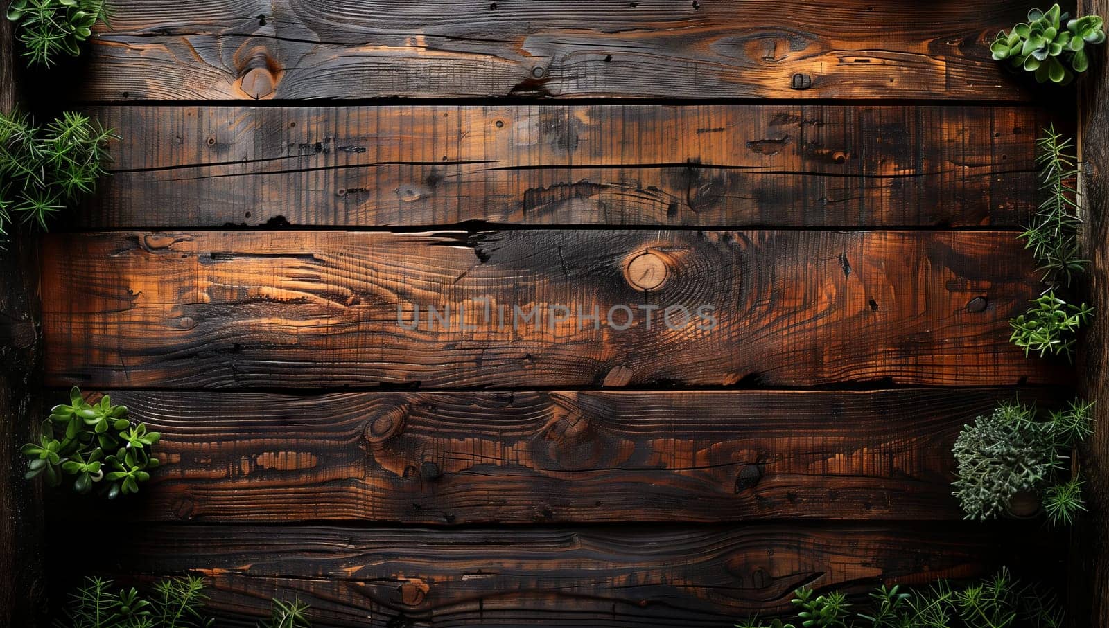 A wooden wall framed with lush greenery, creating a natural landscape art piece by richwolf