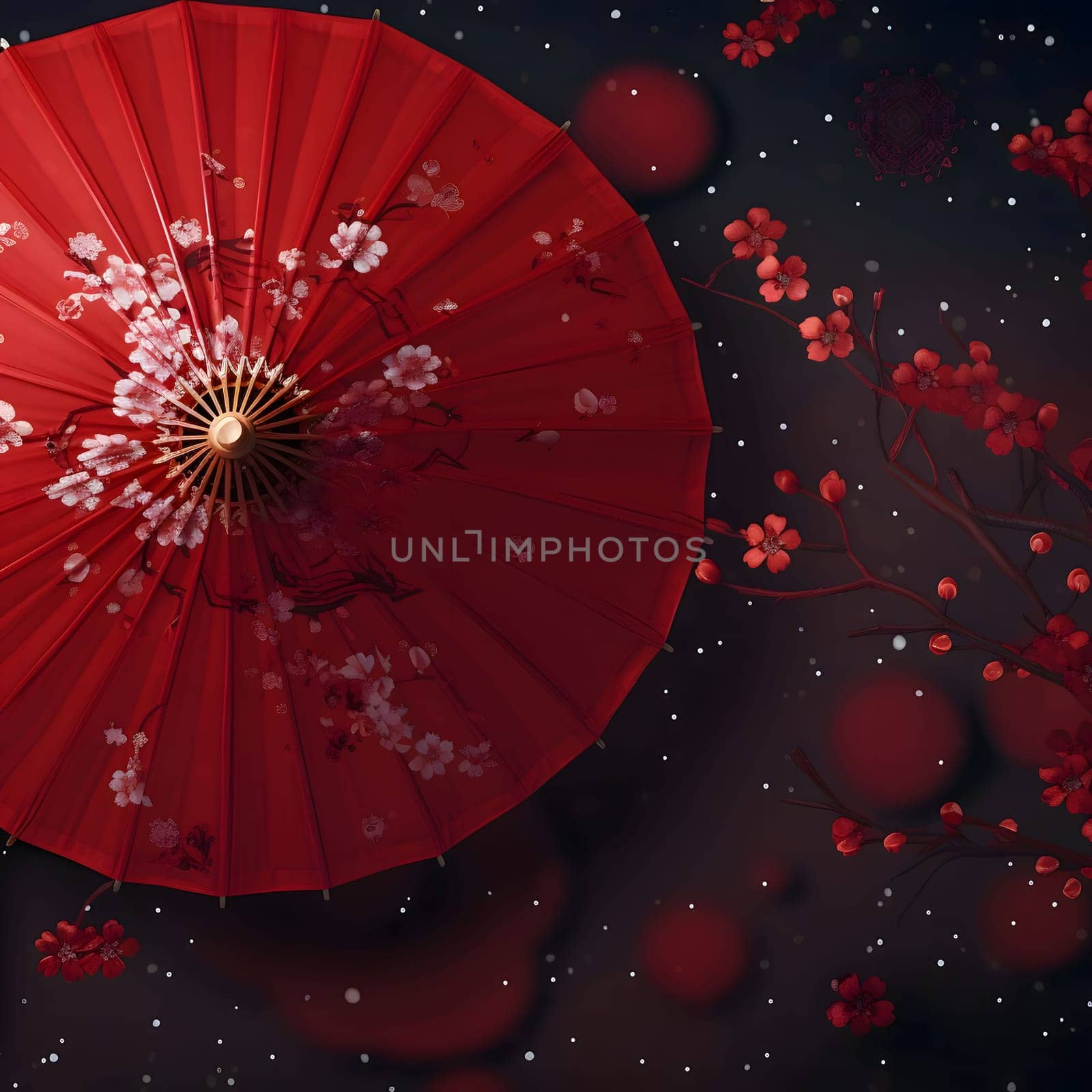 Red Chinese paper umbrella, top view. Around dark background.Christmas bright background, banner with space for your own content. Blank space for the inscription.