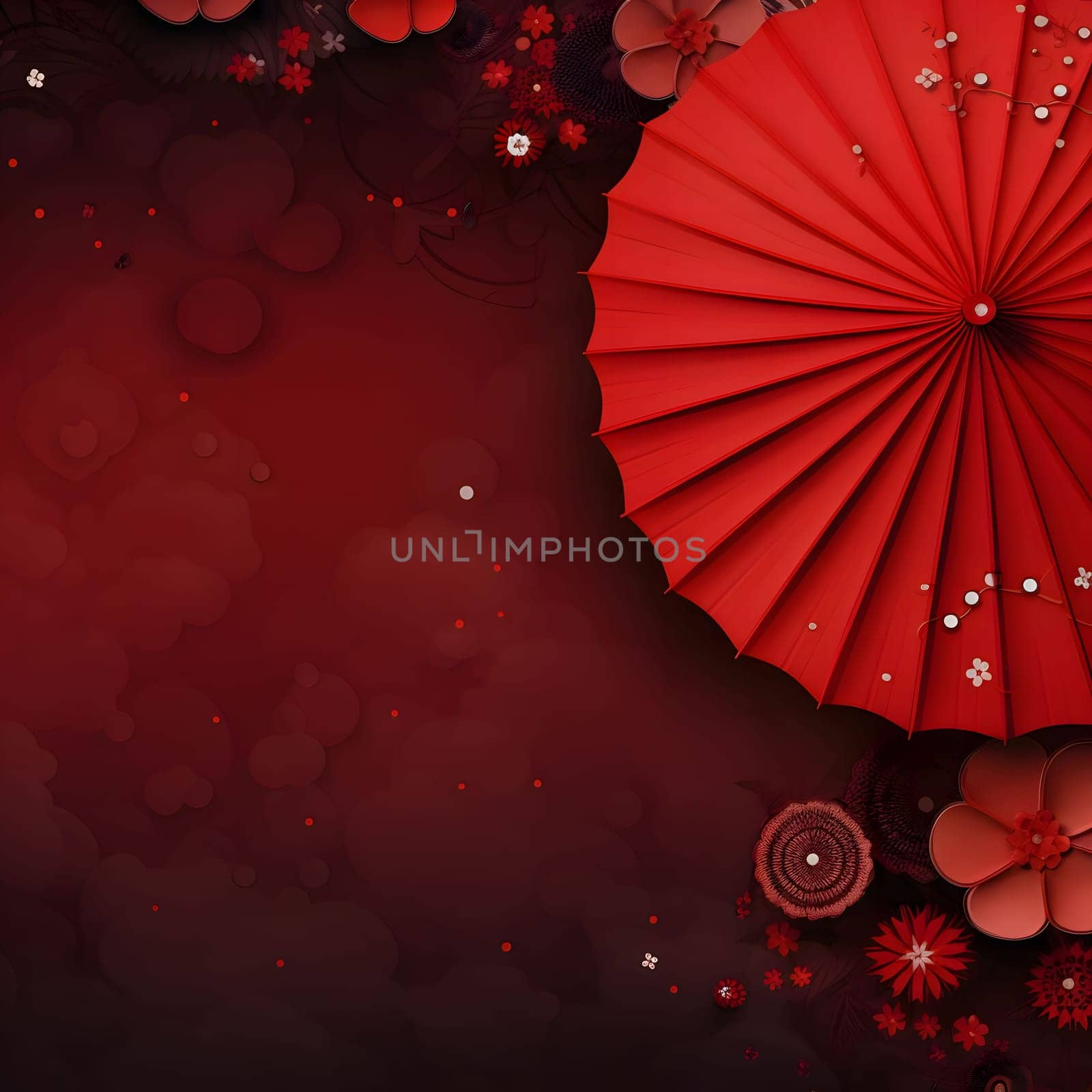 Red Chinese paper umbrella, top view. Around dark background.Christmas bright background, banner with space for your own content. Blank space for the inscription.