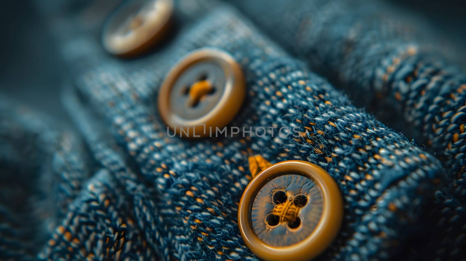 A detailed closeup shot of three electric blue buttons on a denim sweater, resembling insect snouts. The wool pattern creates an artistic terrestrial animal motif