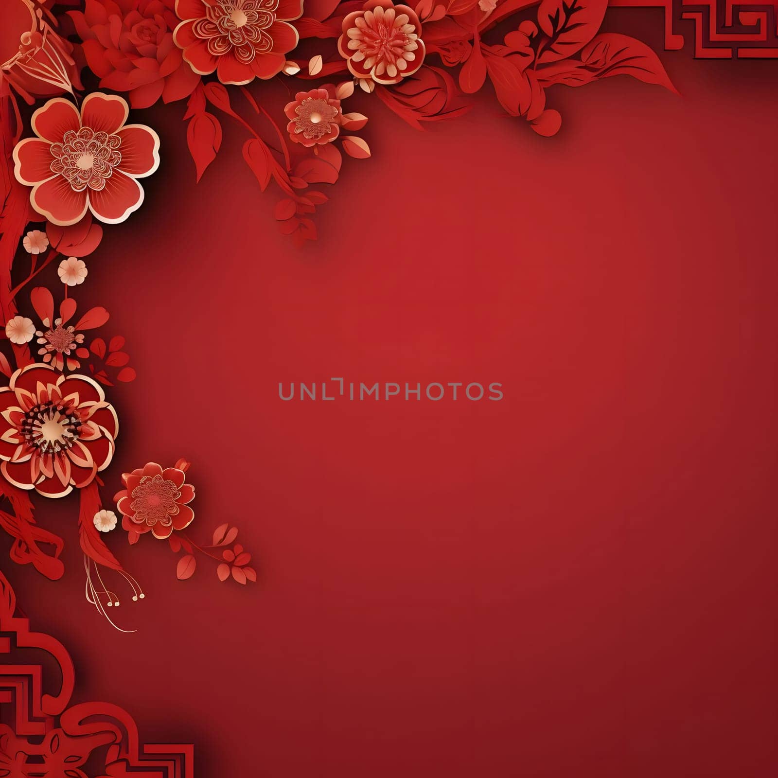 Red blank with space for your own content on the side of the decoration with red flowers lanterns Chinese background. A time of celebration and resolutions.