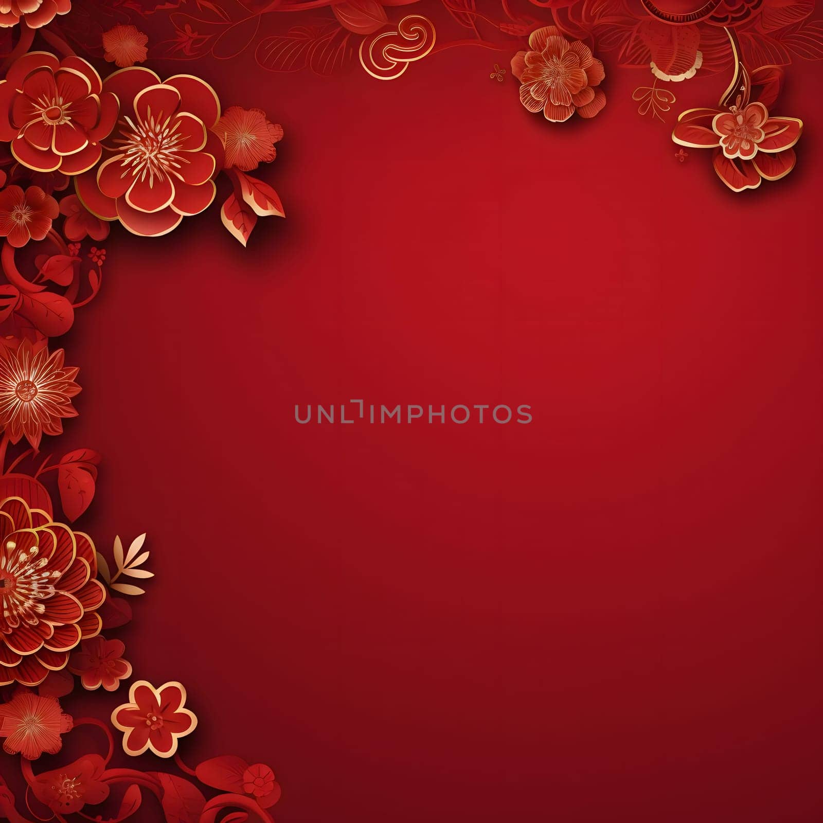 Red blank with space for your own content on the side of the decoration with red flowers lanterns Chinese background. A time of celebration and resolutions.