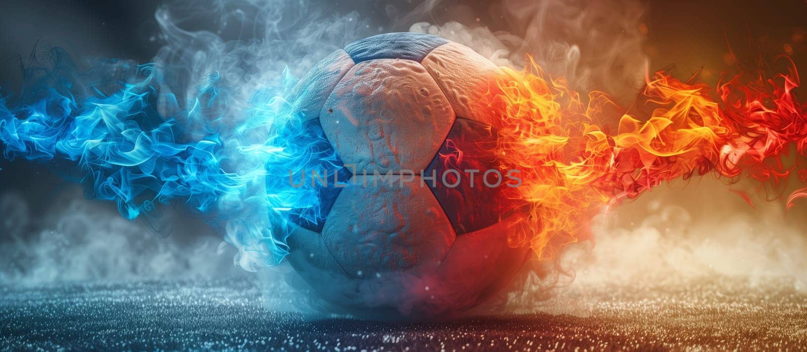 The soccer ball is engulfed in flames and smoke against a backdrop of electric blue skies and swirling clouds. It creates a mesmerizing and dramatic artistic scene