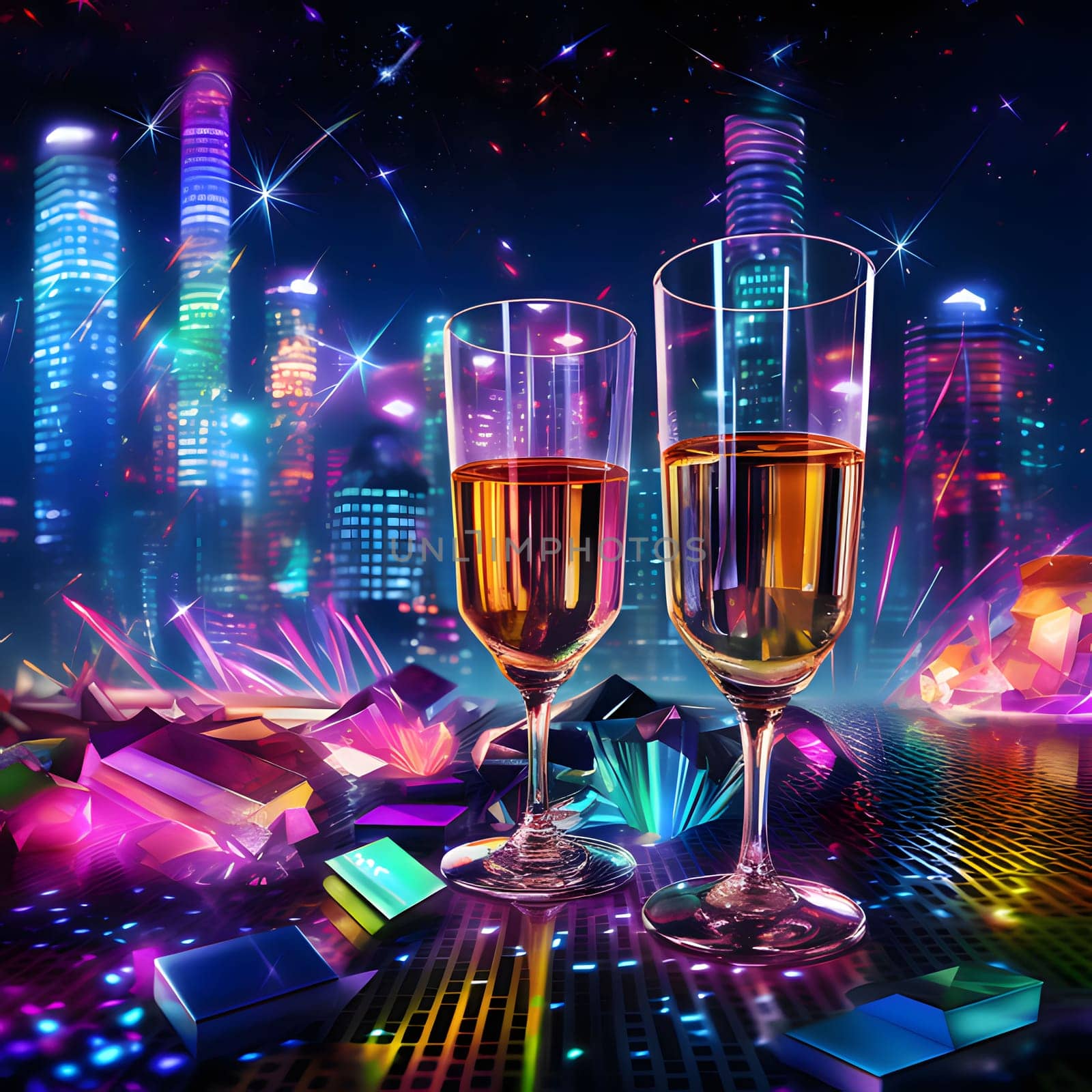 Champagne glasses against the backdrop of the city. New Year's celebrations. A time of celebration and resolutions.