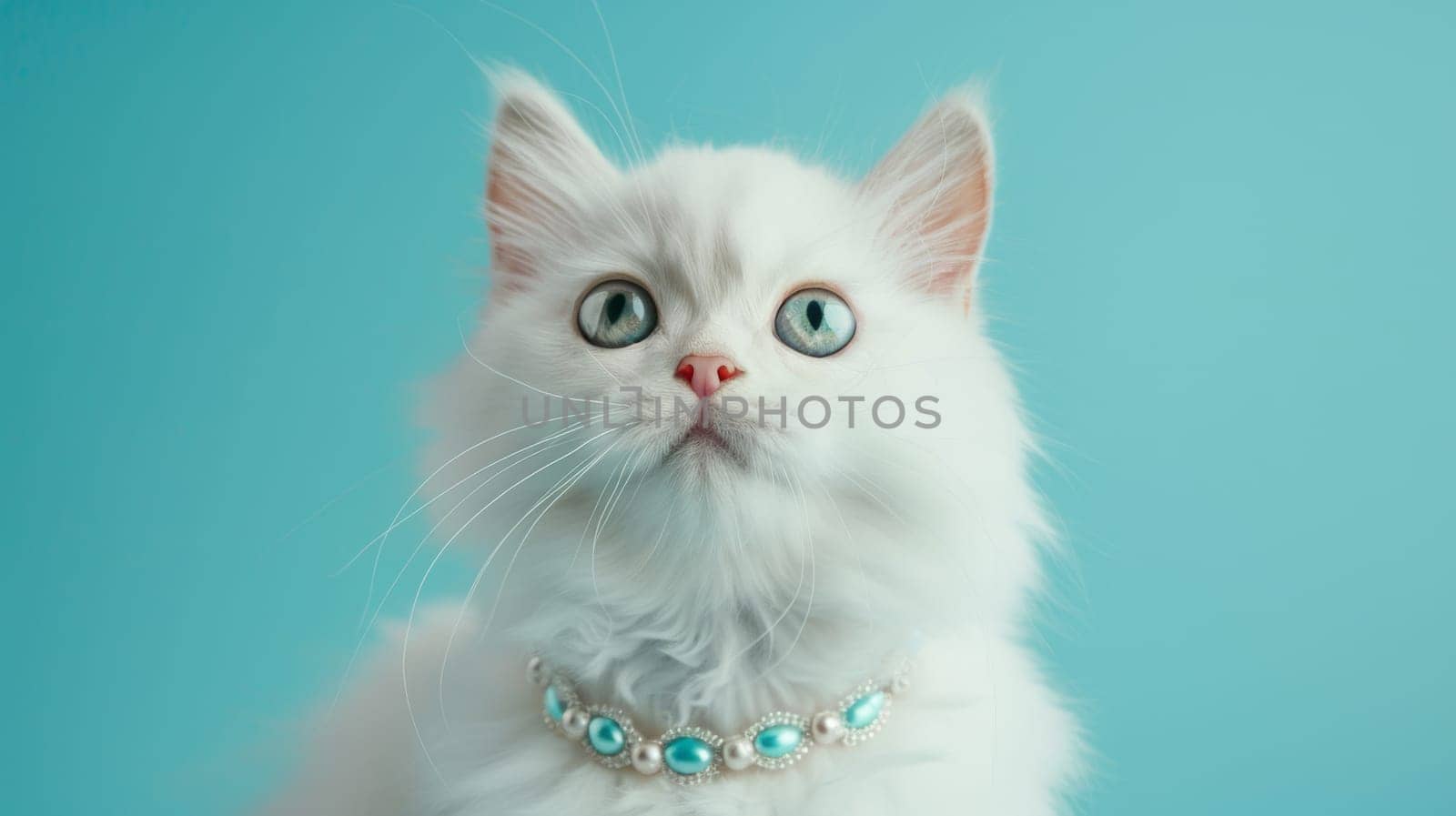 White cat wearing pearl necklace on blue background.