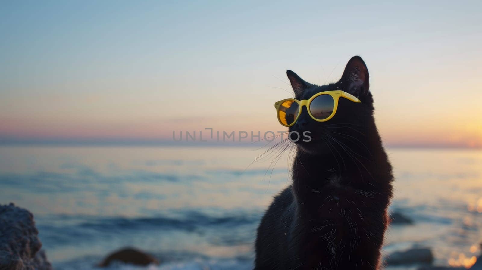 Black cat wearing yellow sunglasses on beach.