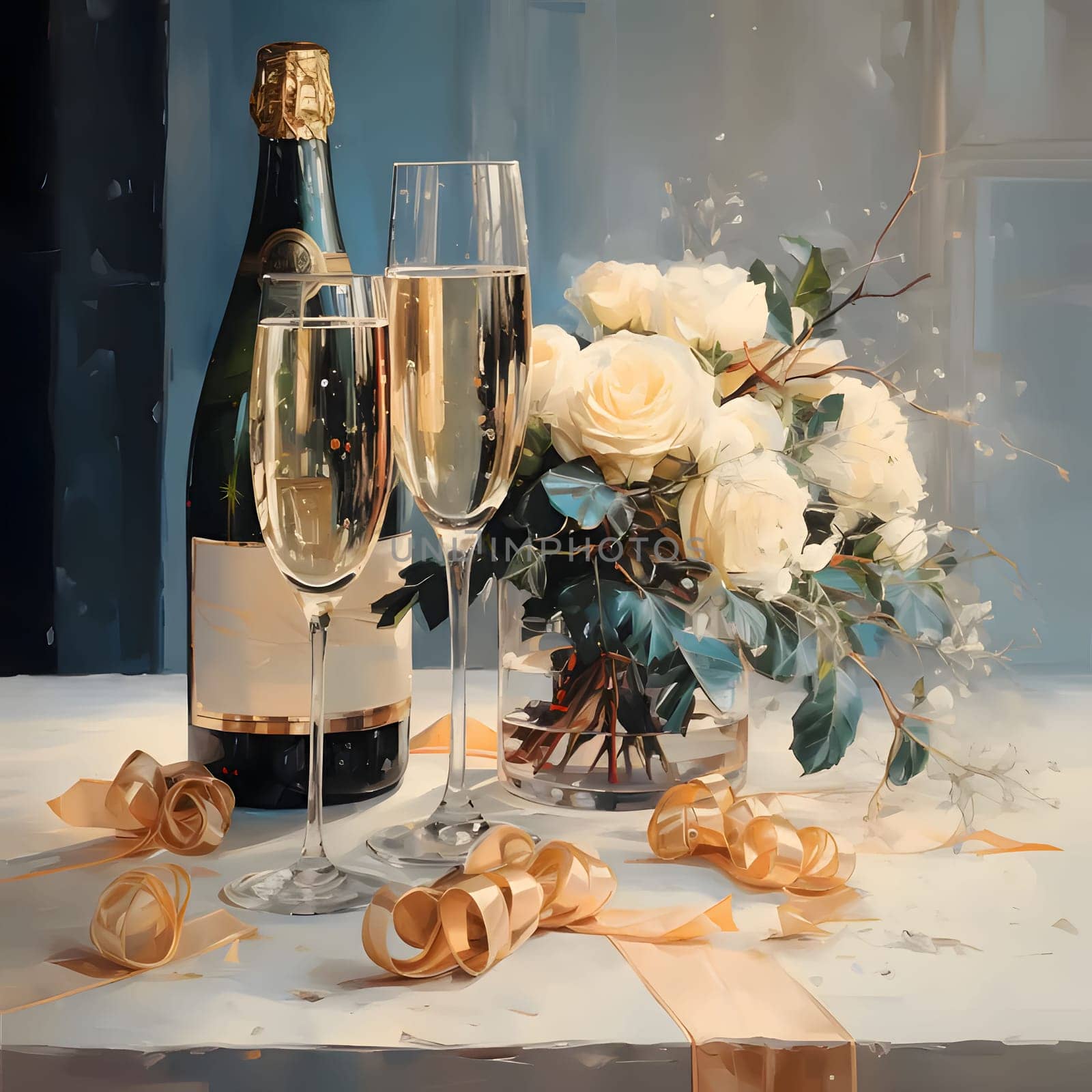 Glasses, champagne and a bottle. Flowers in a vase of streamers about. New Year's celebrations. A time of celebration and resolutions.