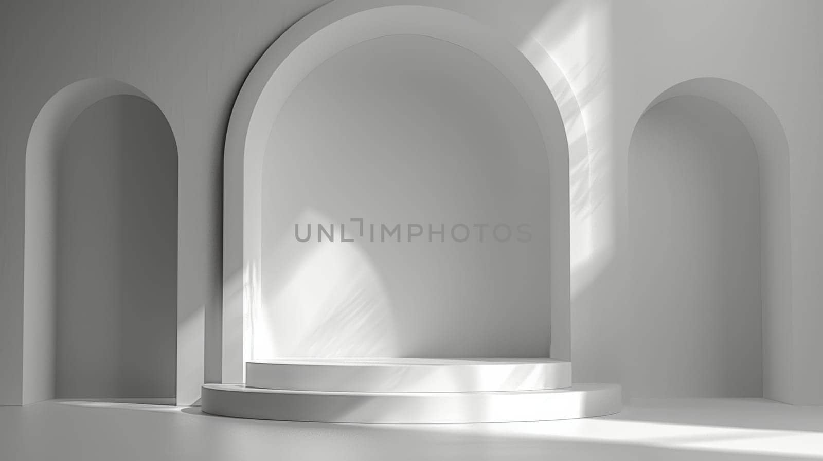White room with arches and round podium.