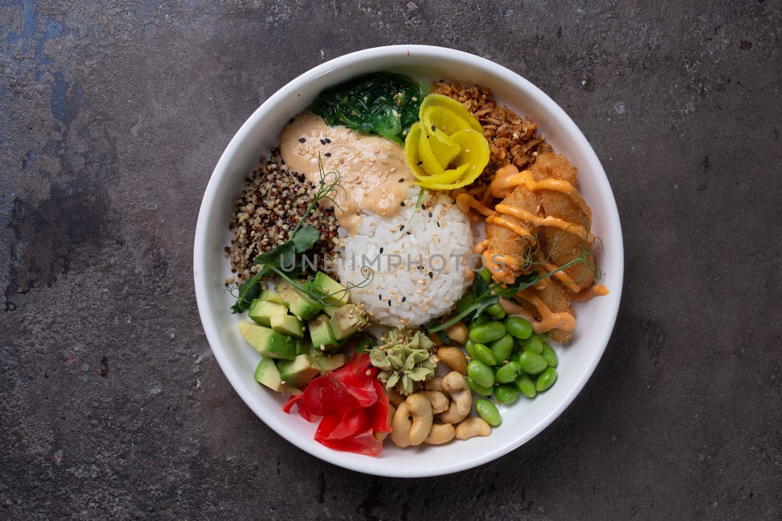 Wholesome and colorful poke bowl with fresh ingredients. by Pukhovskiy