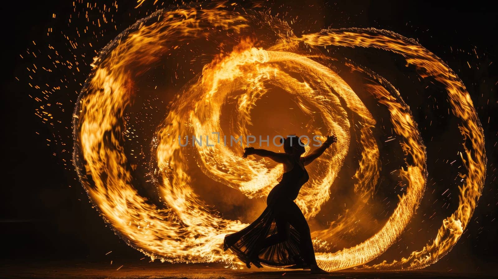 A fire dancer twirls gracefully, flames swirling around their body