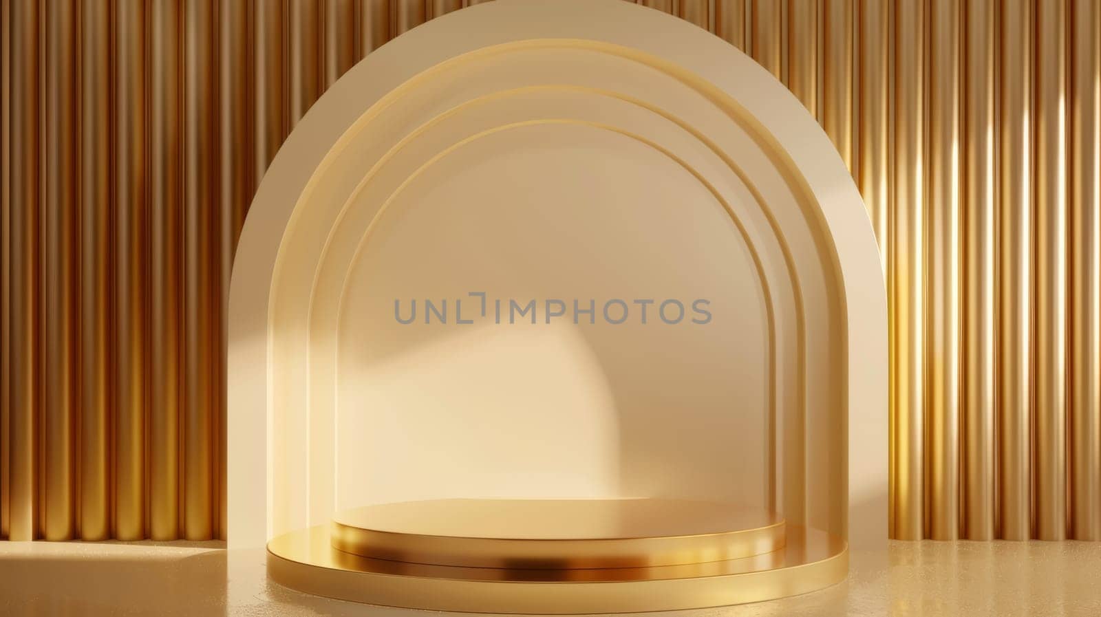 Gold background with stand podium with luxury arch shape scene. Abstract minimal wall scene for mockup products display.