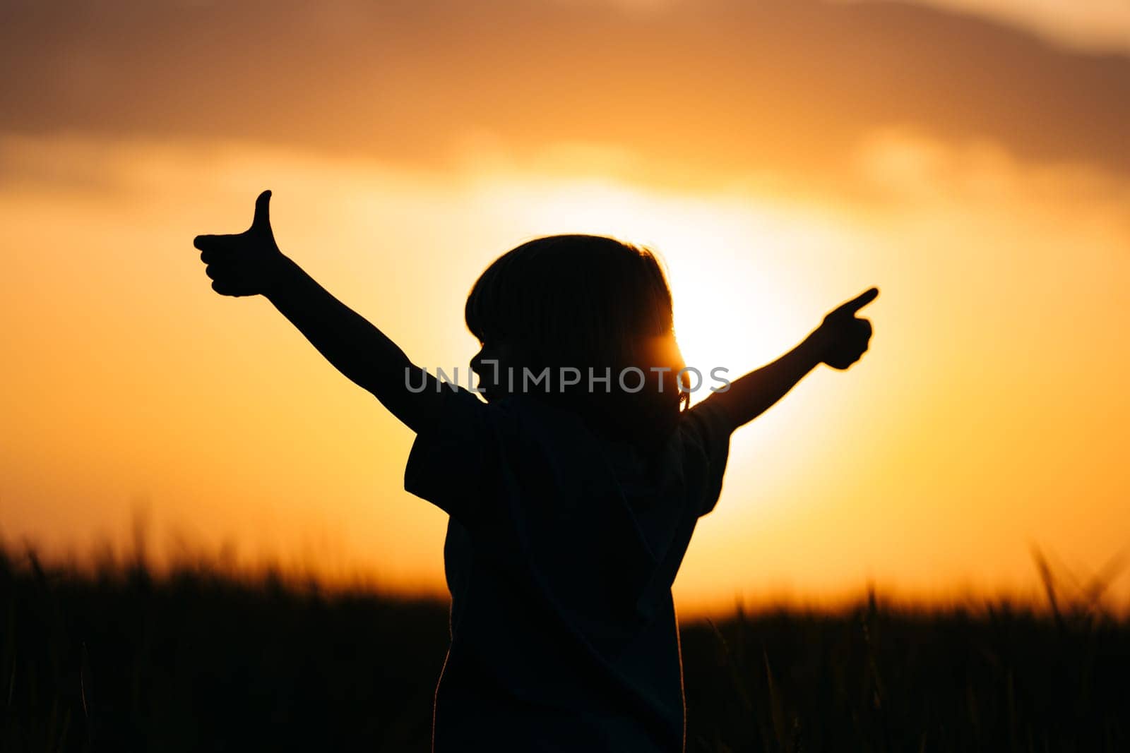 Silhouette of positive little boy with hands sign like, thumbs up gesture. Happy. High quality photo