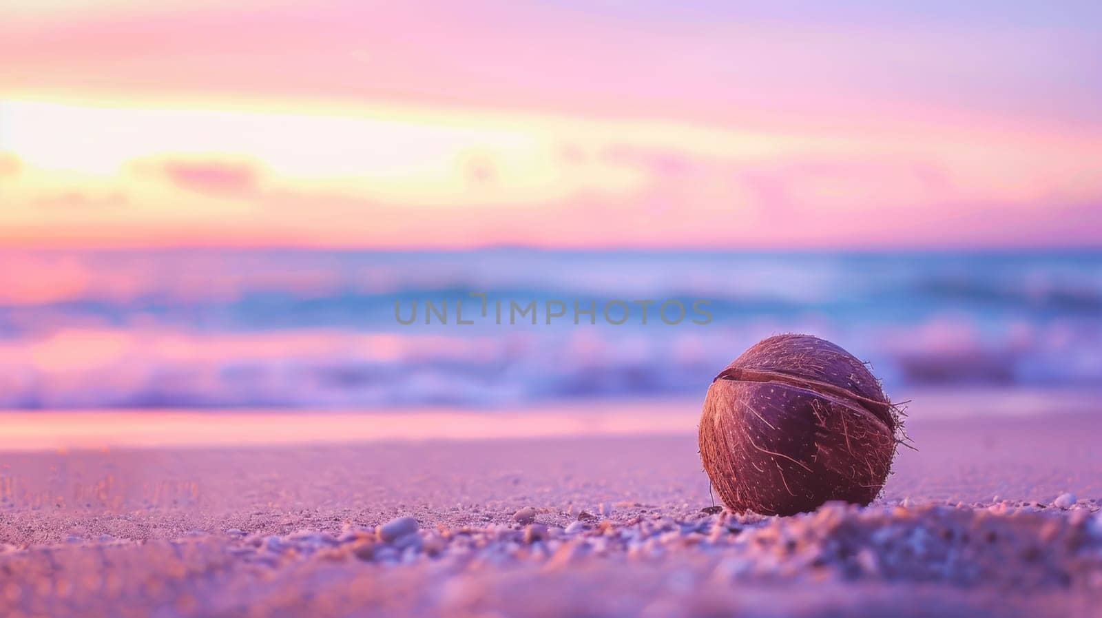 Coconut on the beach at sunset.