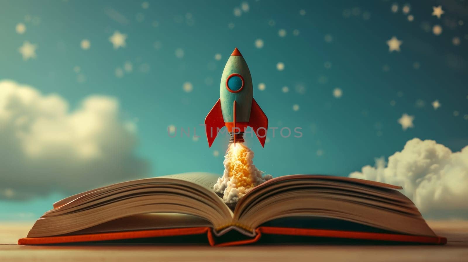 Rocket flying from open book.