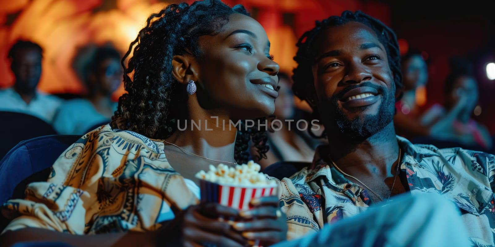 african american couple laughing while watching movie in cinema. ai generated