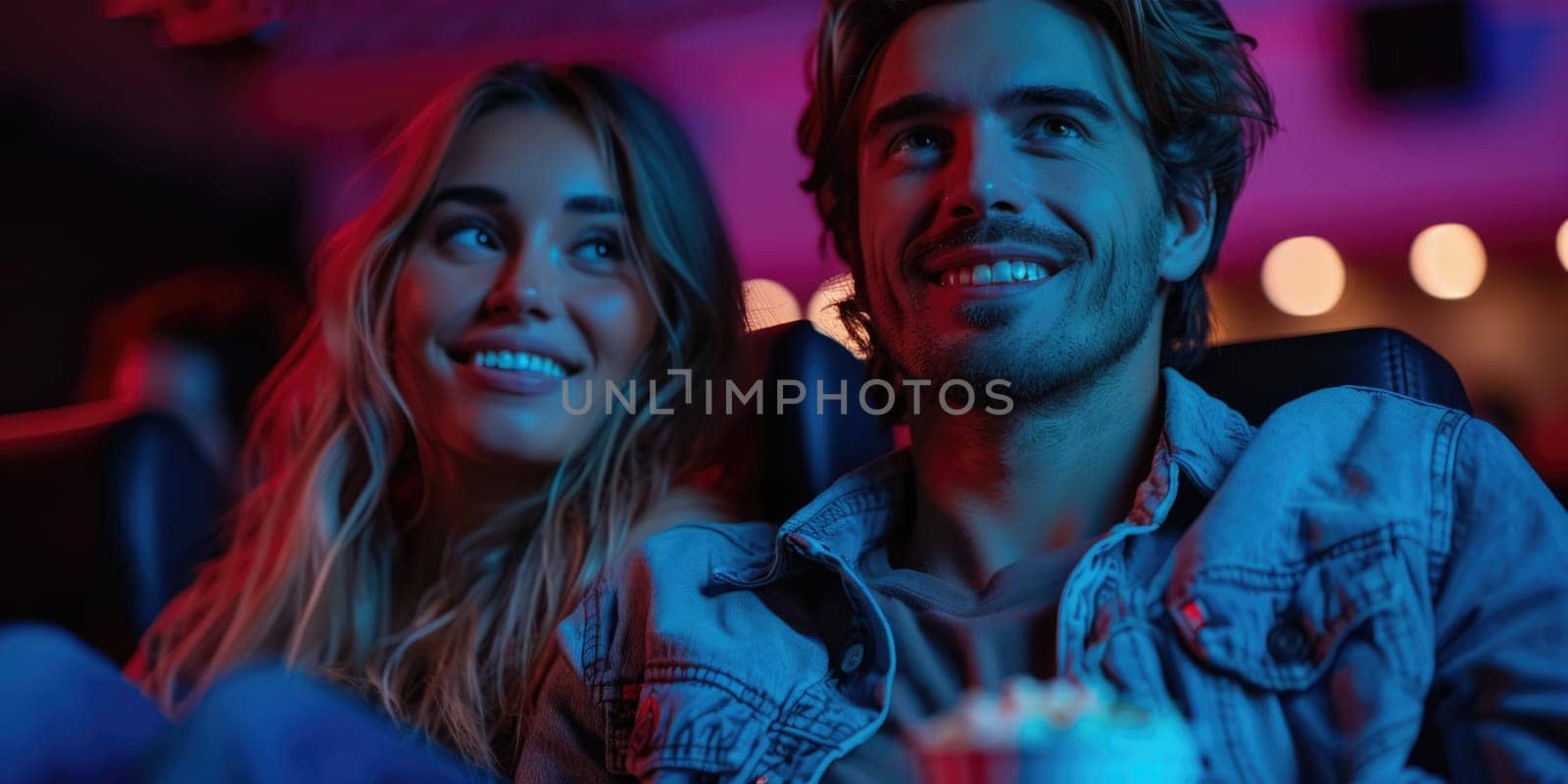 couple laughing while watching movie in cinema. ai generated by Desperada