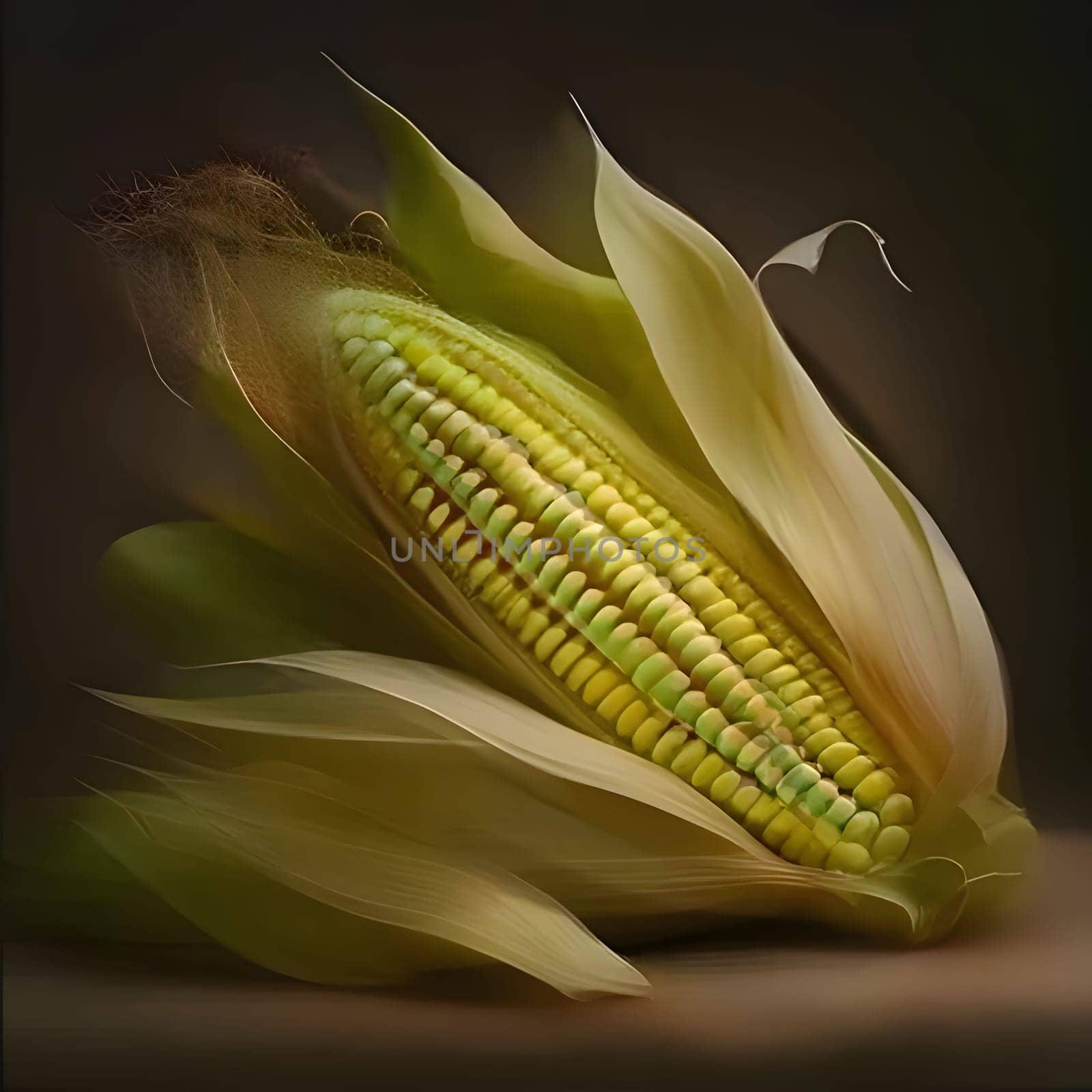Yellow corn cob in Green leaves, dark background. Corn as a dish of thanksgiving for the harvest. An atmosphere of joy and celebration.