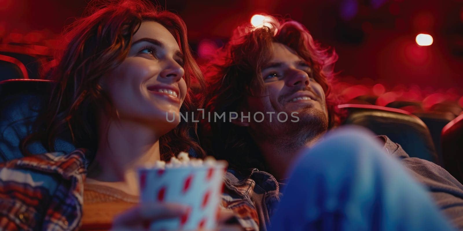 couple laughing while watching movie in cinema. ai generated by Desperada