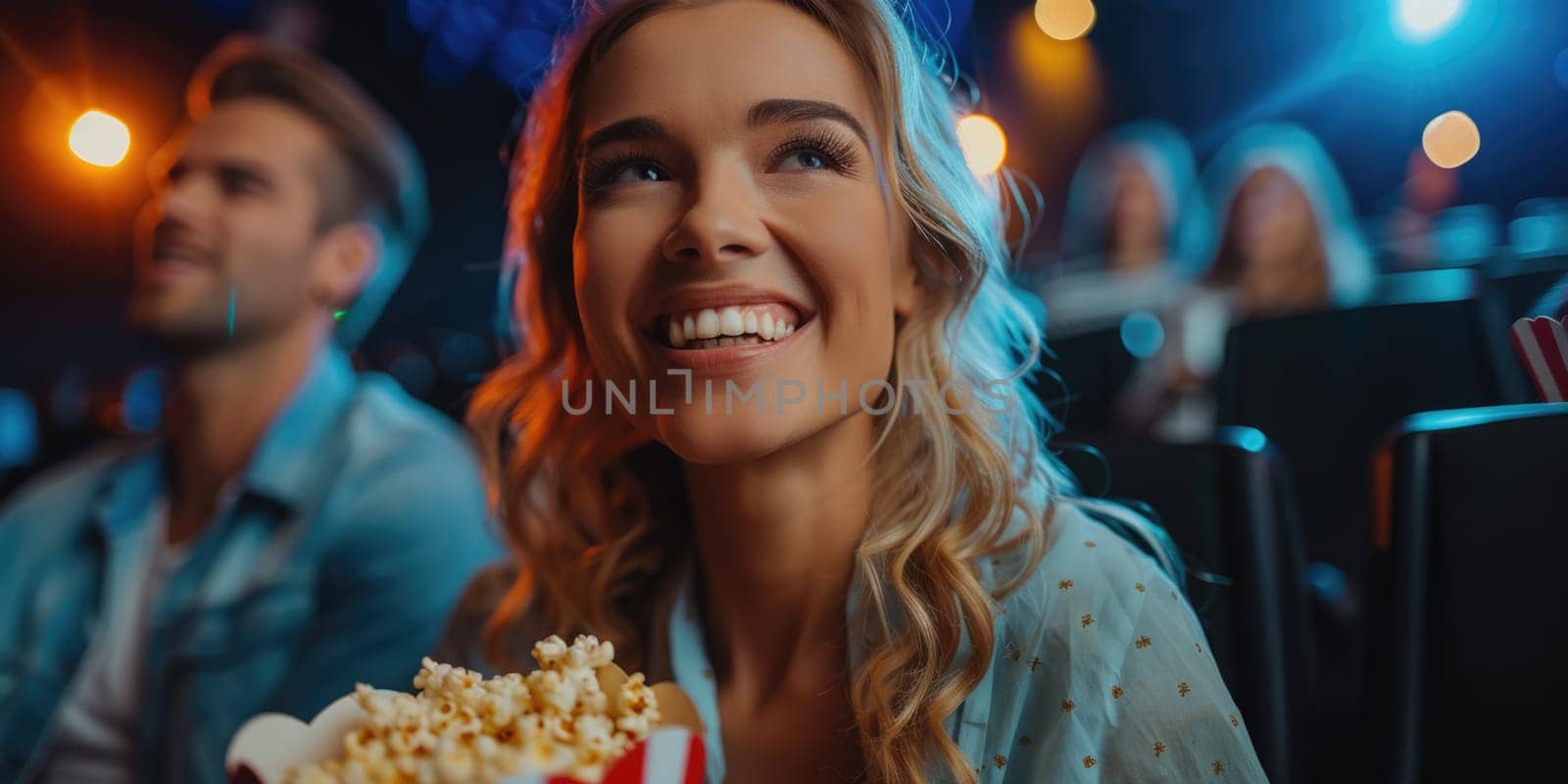 african american couple laughing while watching movie in cinema. ai generated