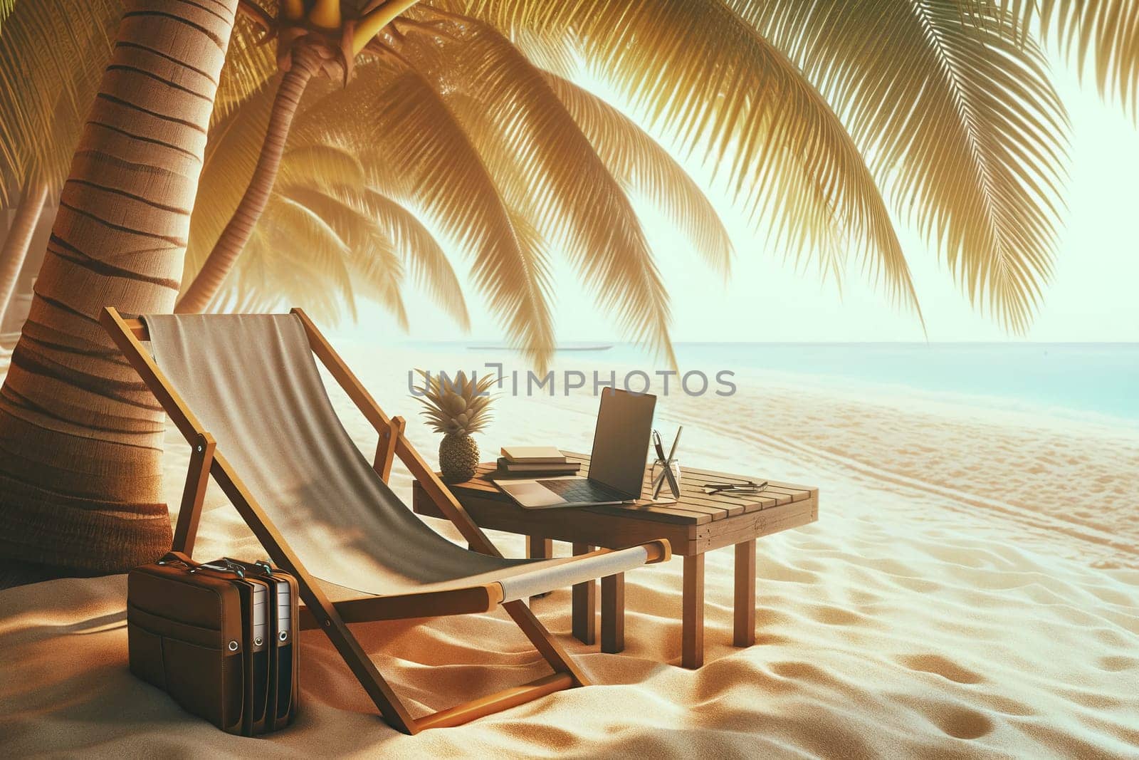 sun lounger, work briefcase and table with laptop and organizers on the beach under palm trees, remote work, freelance.