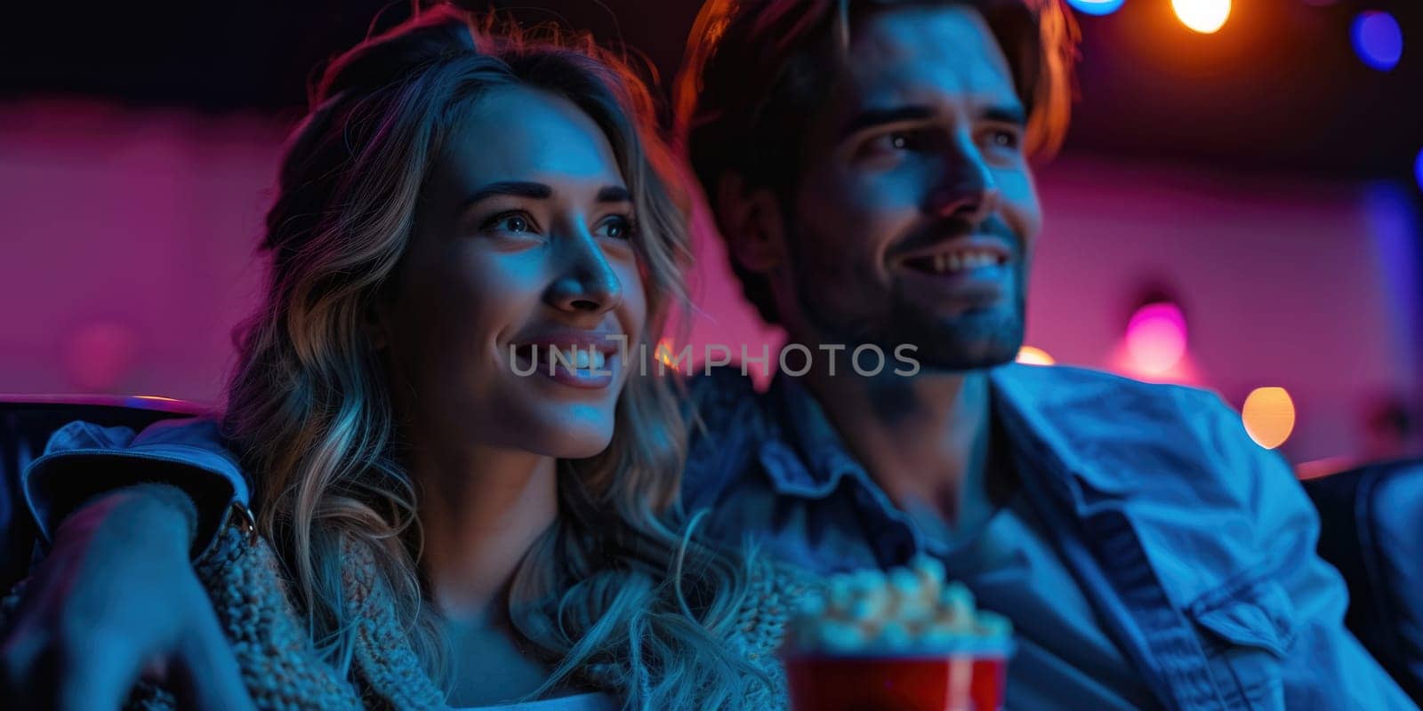 couple laughing while watching movie in cinema. ai generated