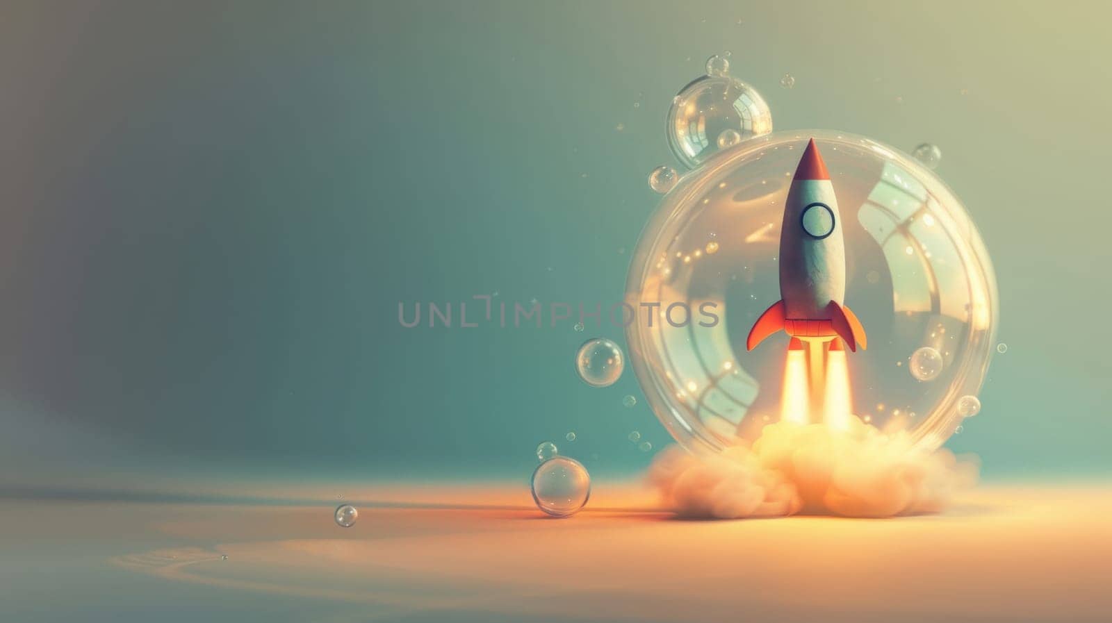 A magical realism rocket flying with bubbles.