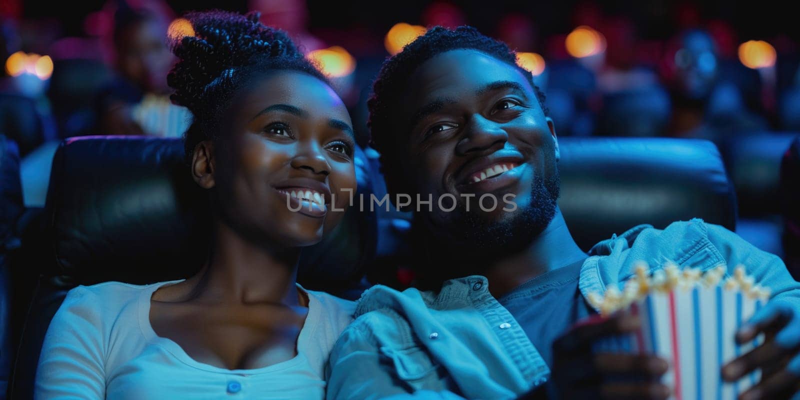 african american couple laughing while watching movie in cinema. ai generated