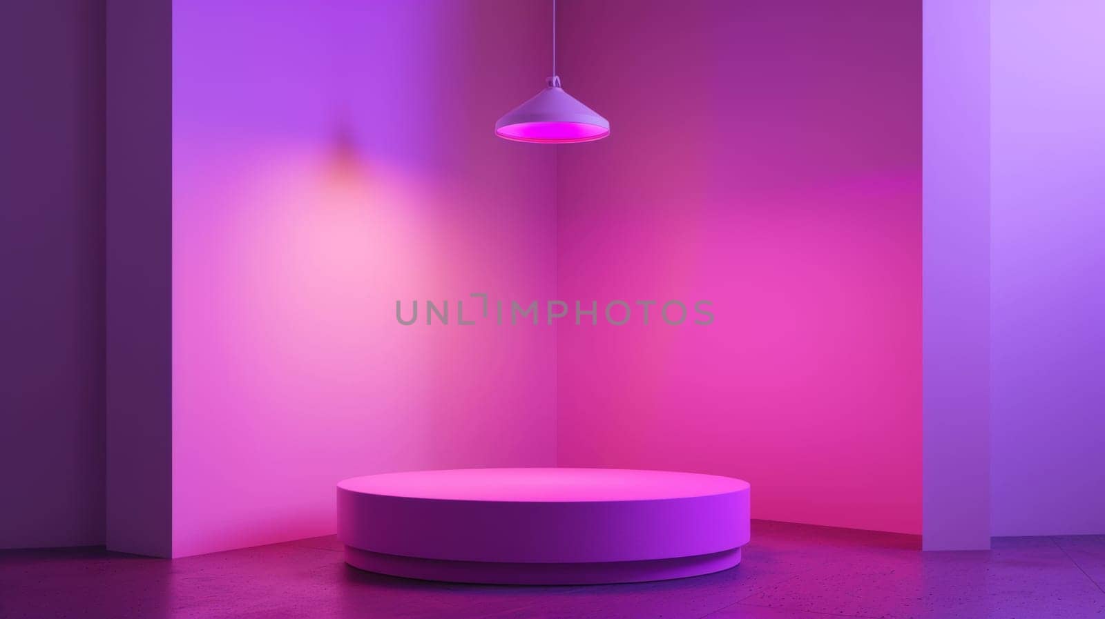 Pink round podium under purple light.