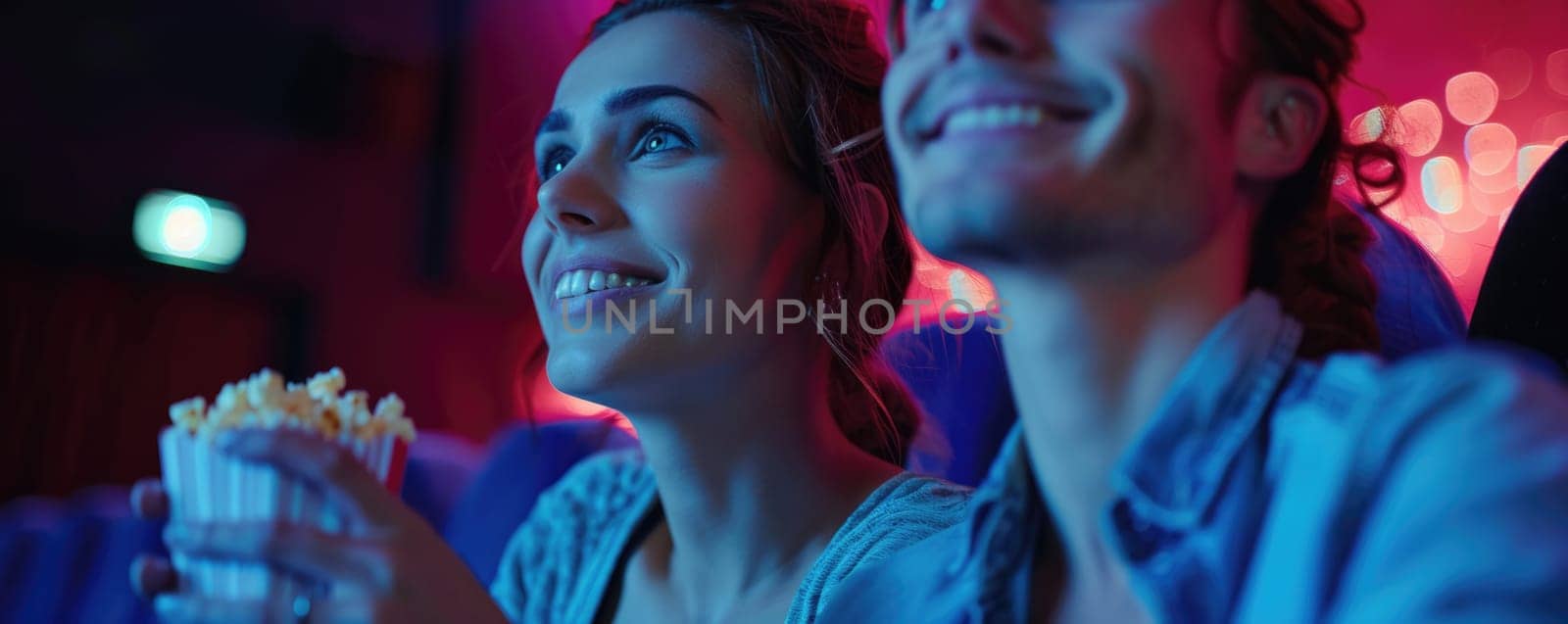 couple laughing while watching movie in cinema. ai generated by Desperada