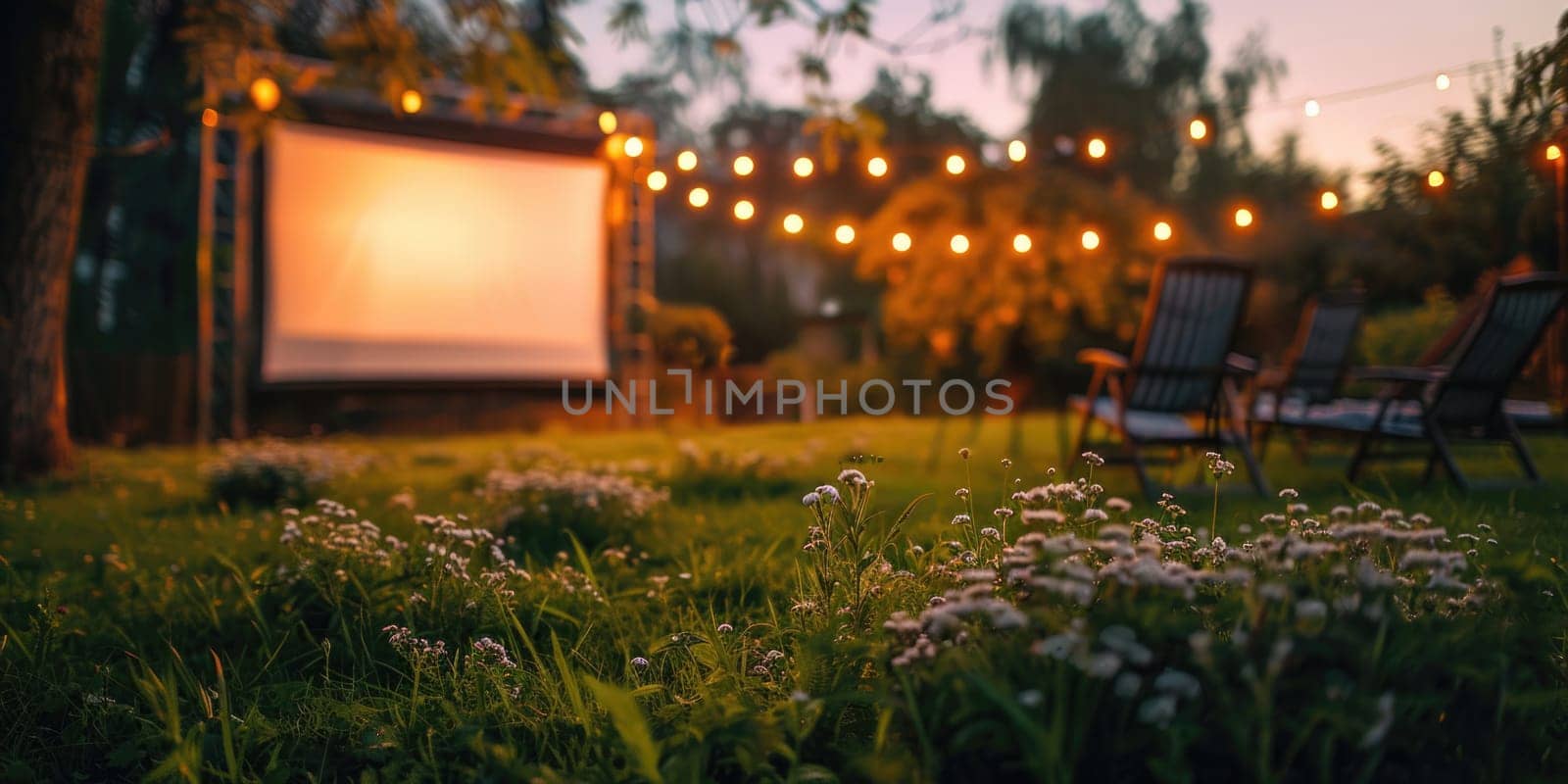 blurred blank white screen outdoors in grass park. outdoor cinema, big screen show, focus on foreground. selective focus. ai generated
