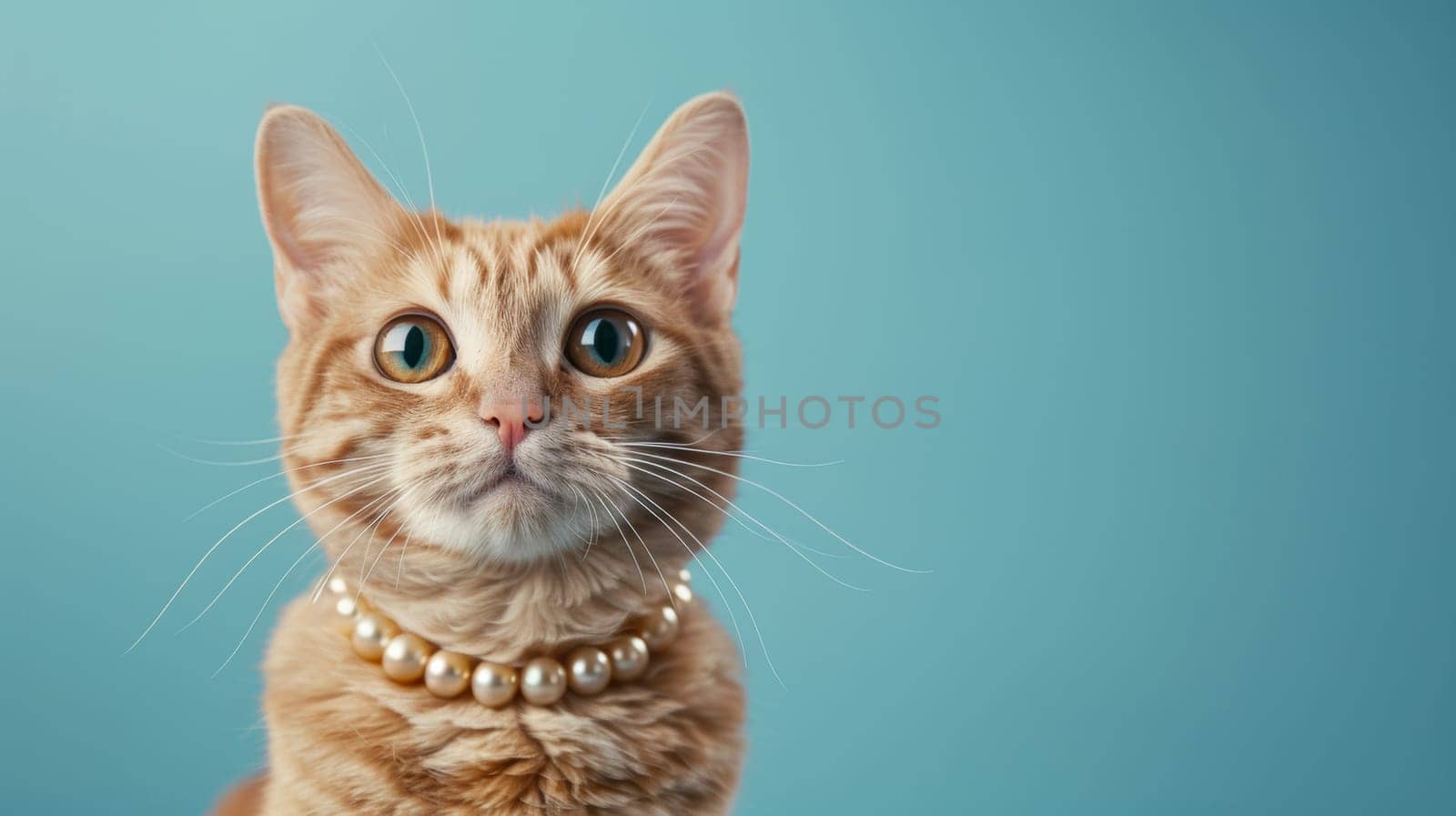 Elegant cat wearing pearl necklace on blue background.