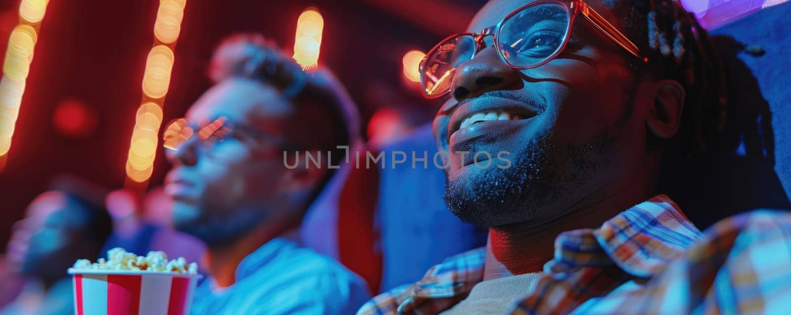 two men watching movie in cinema, eating popcorn. ai generated