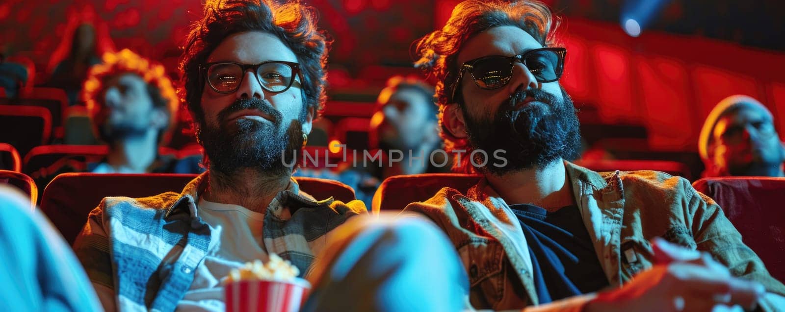 two men watching movie in cinema, eating popcorn. ai generated