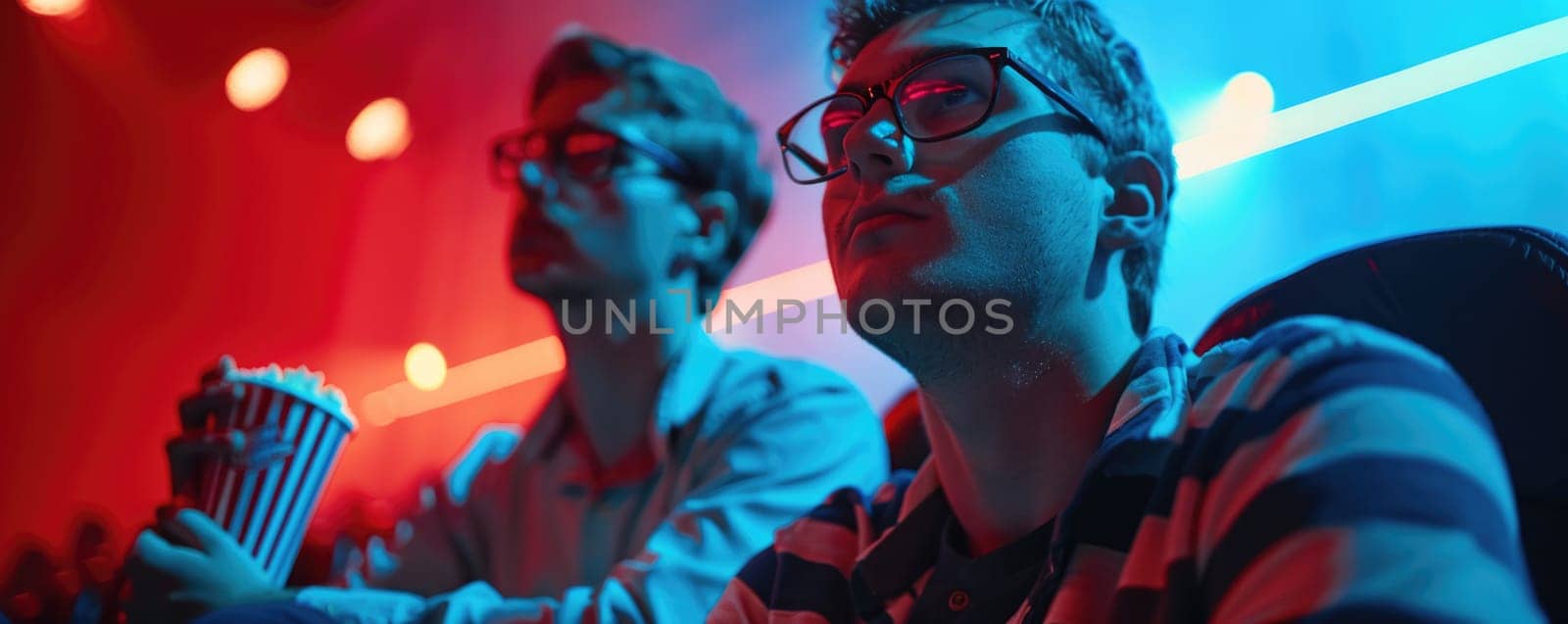 two men watching movie in cinema, eating popcorn. ai generated