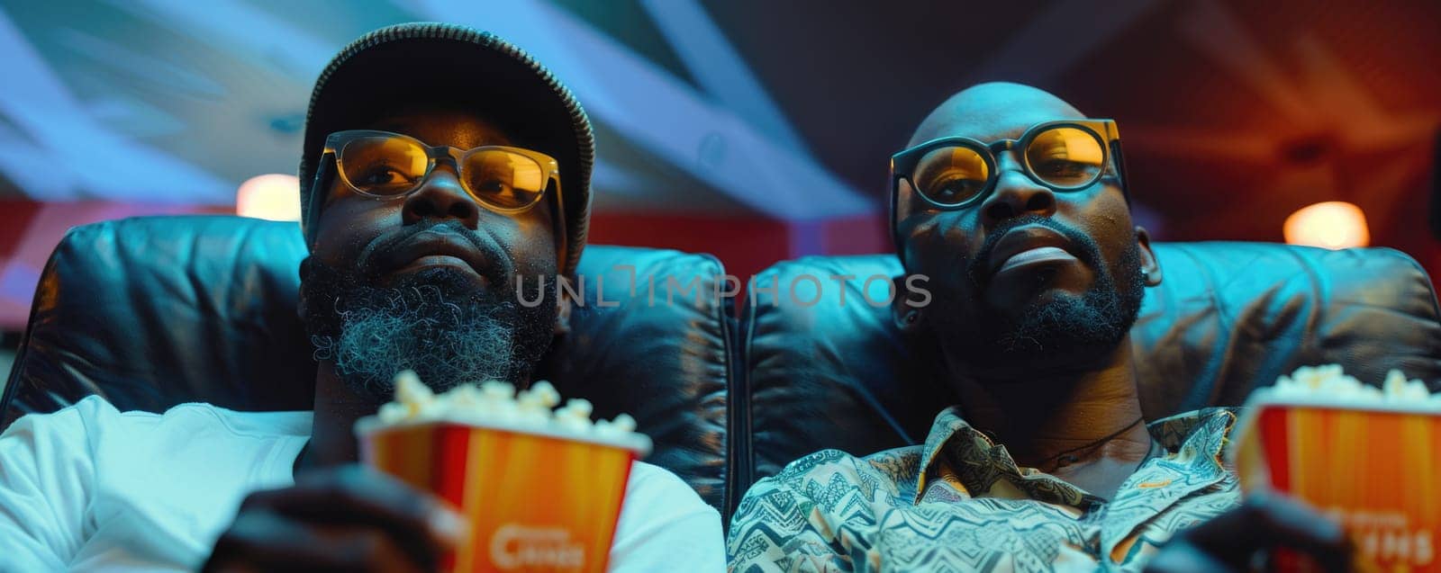 two men watching movie in cinema, eating popcorn. ai generated