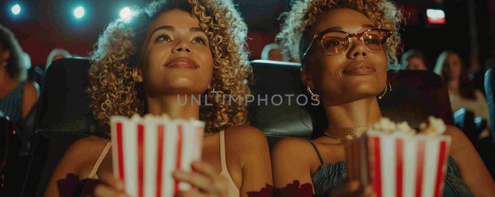 two women watching movie in cinema, eating popcorn. ai generated