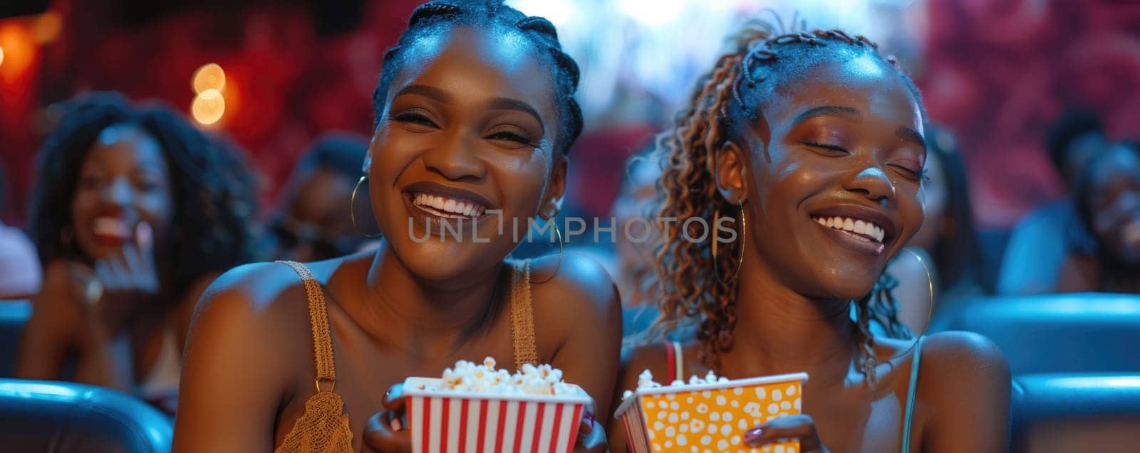 two women watching movie in cinema, eating popcorn. ai generated