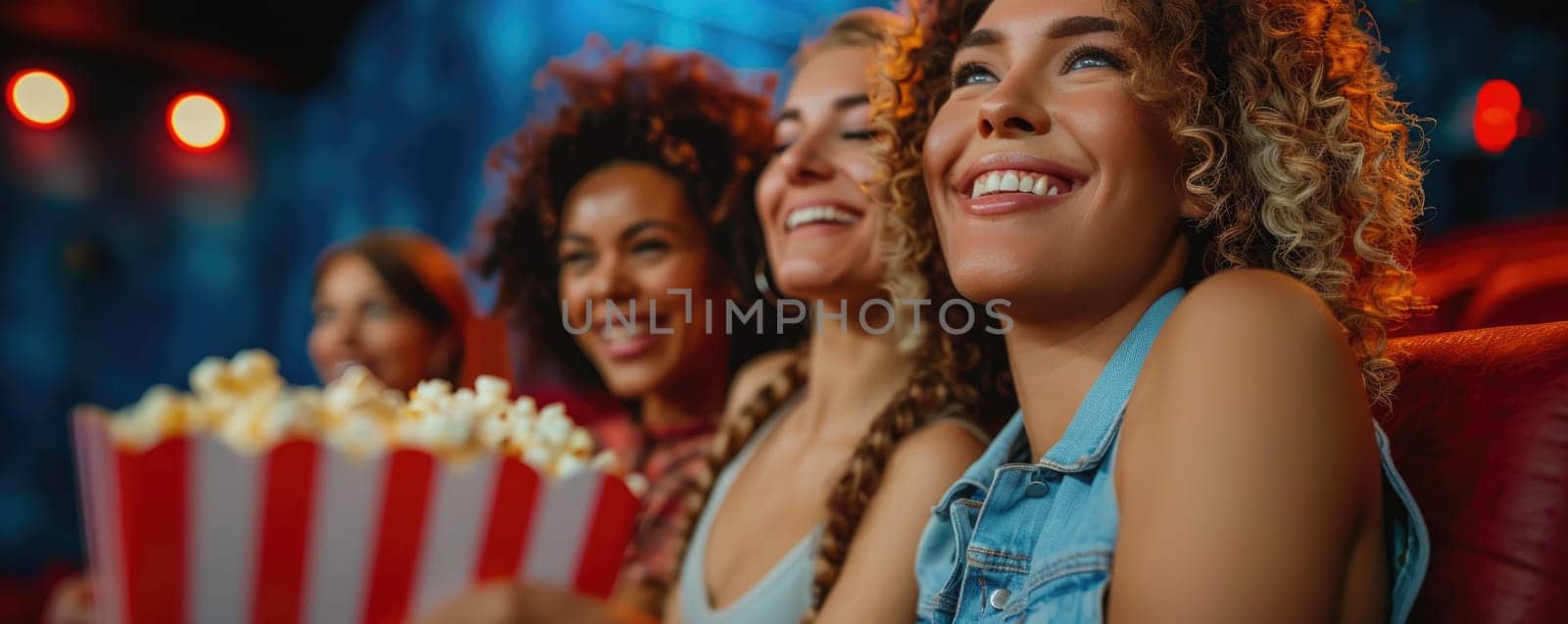 two women watching movie in cinema, eating popcorn. ai generated