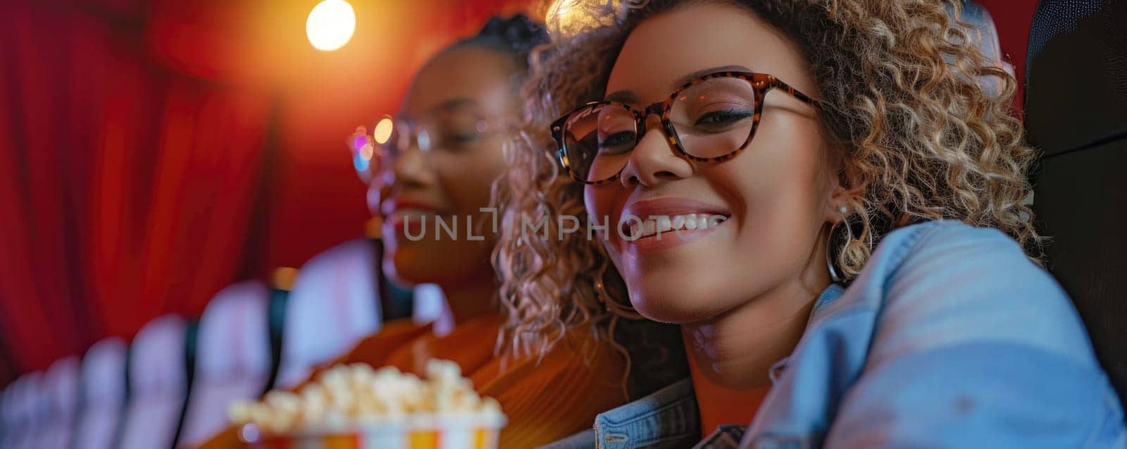 two women watching movie in cinema, eating popcorn. ai generated