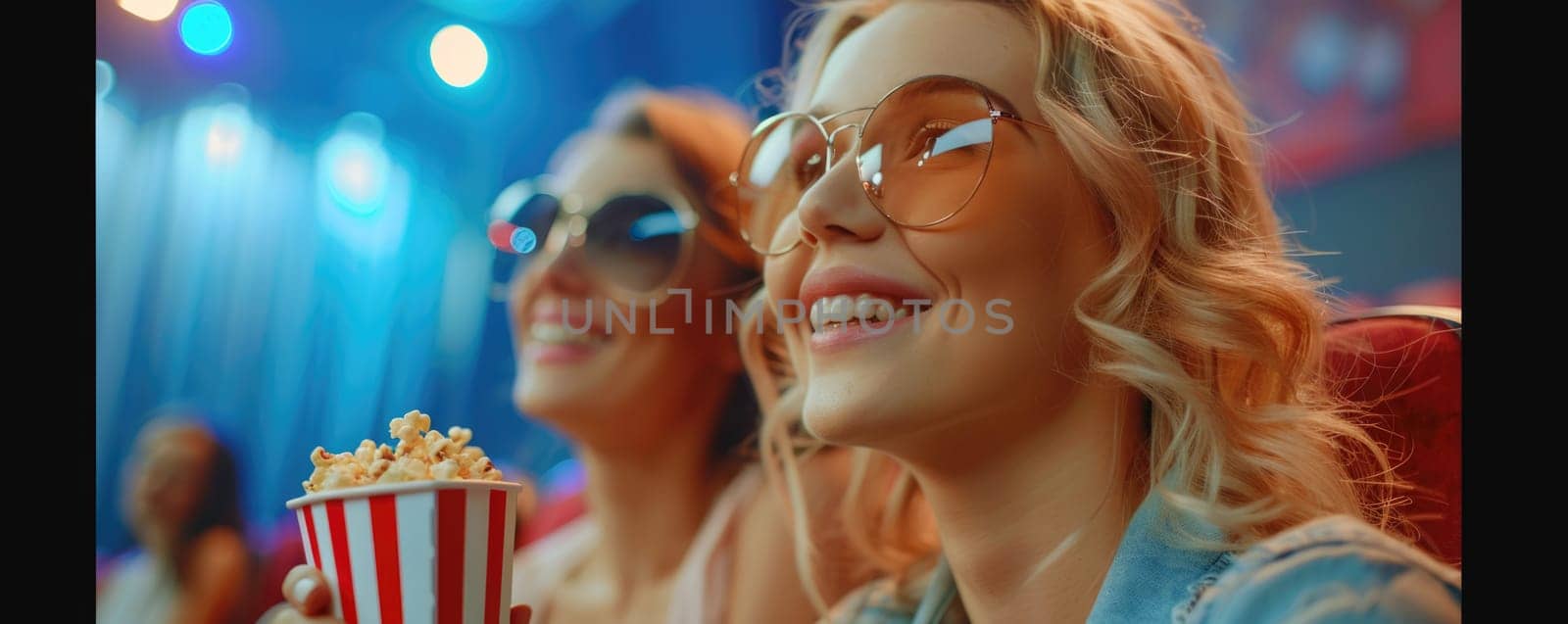 two women watching movie in cinema, eating popcorn. ai generated