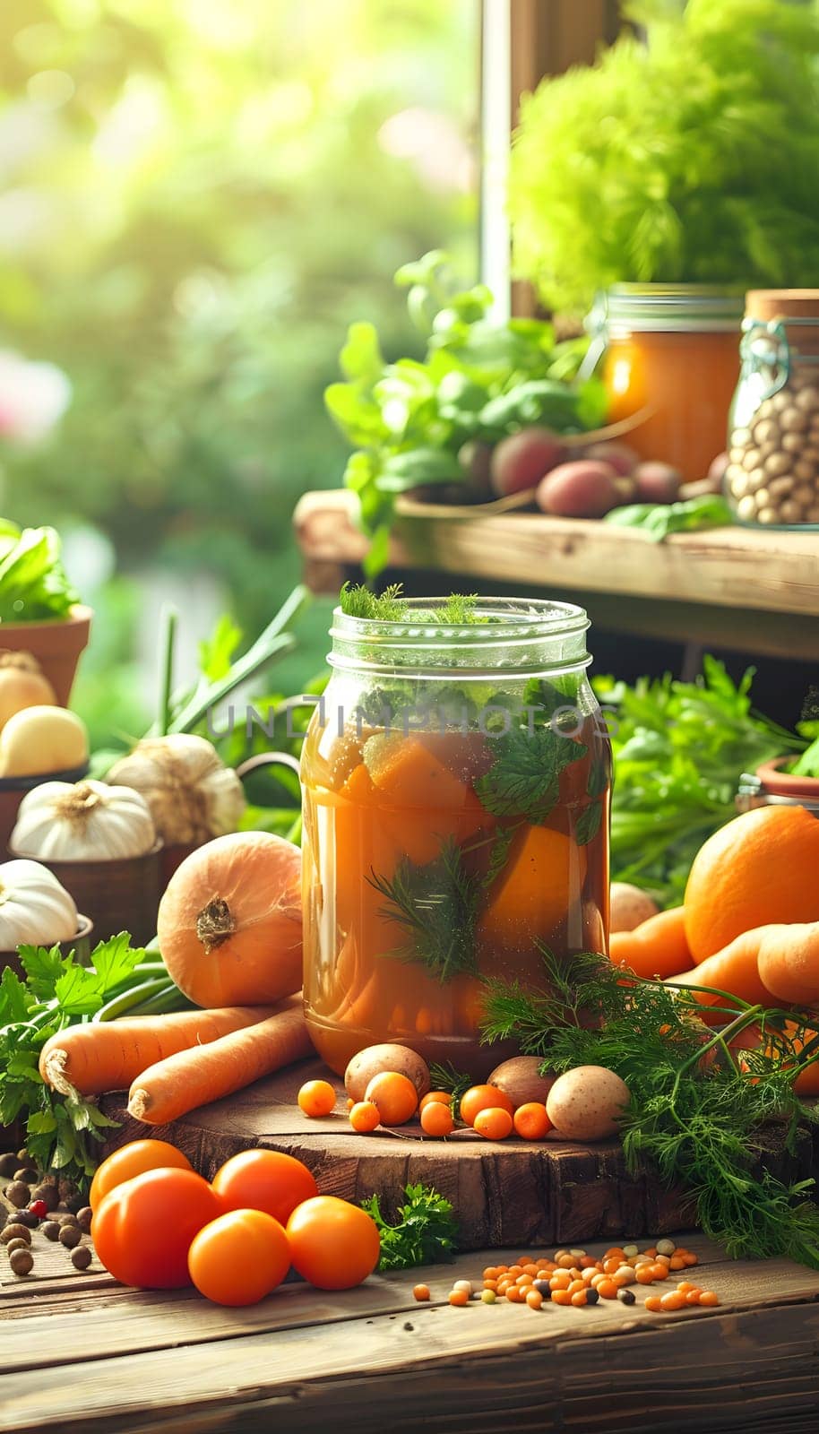 A jar of pickled carrots sits among various vegetables on a wooden table, showcasing the vibrant colors of natural foods such as orange carrots and green plants