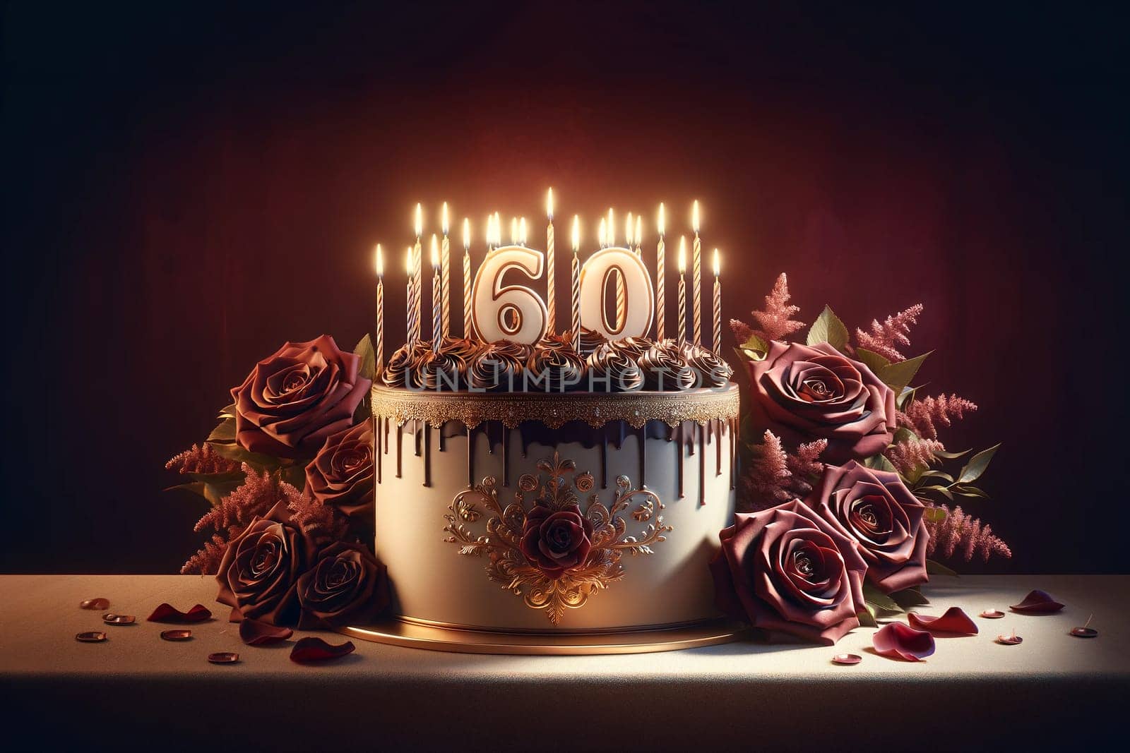 ornate birthday cake with number sixty candles and roses on a dark burgundy background by Annado