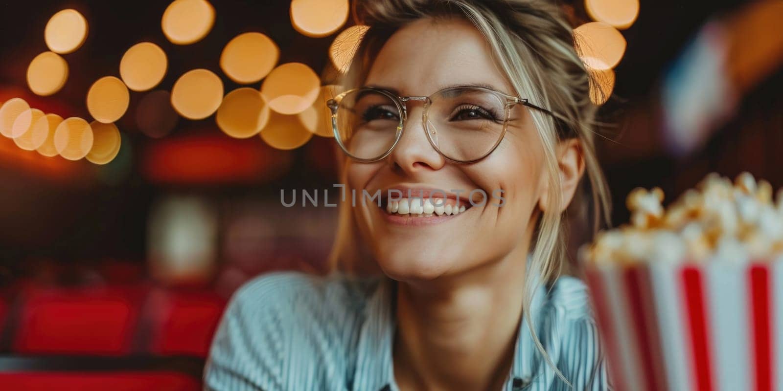 woman watching movie in cinema, eating popcorn. ai generated