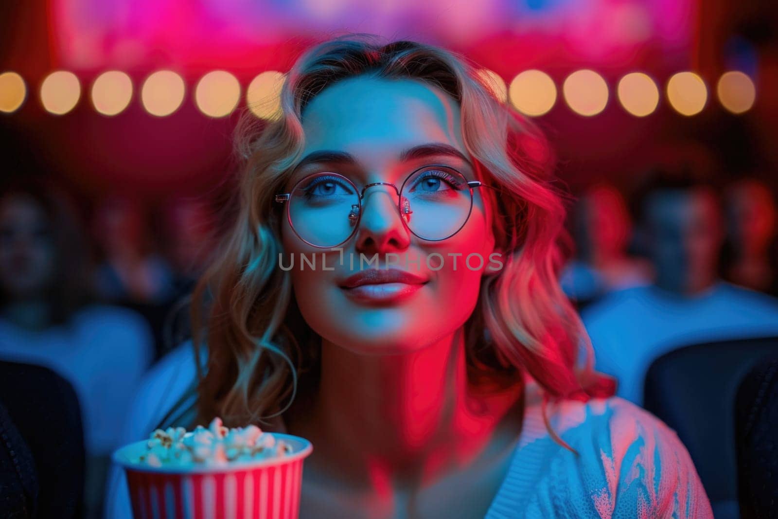 woman watching movie in cinema, eating popcorn. ai generated