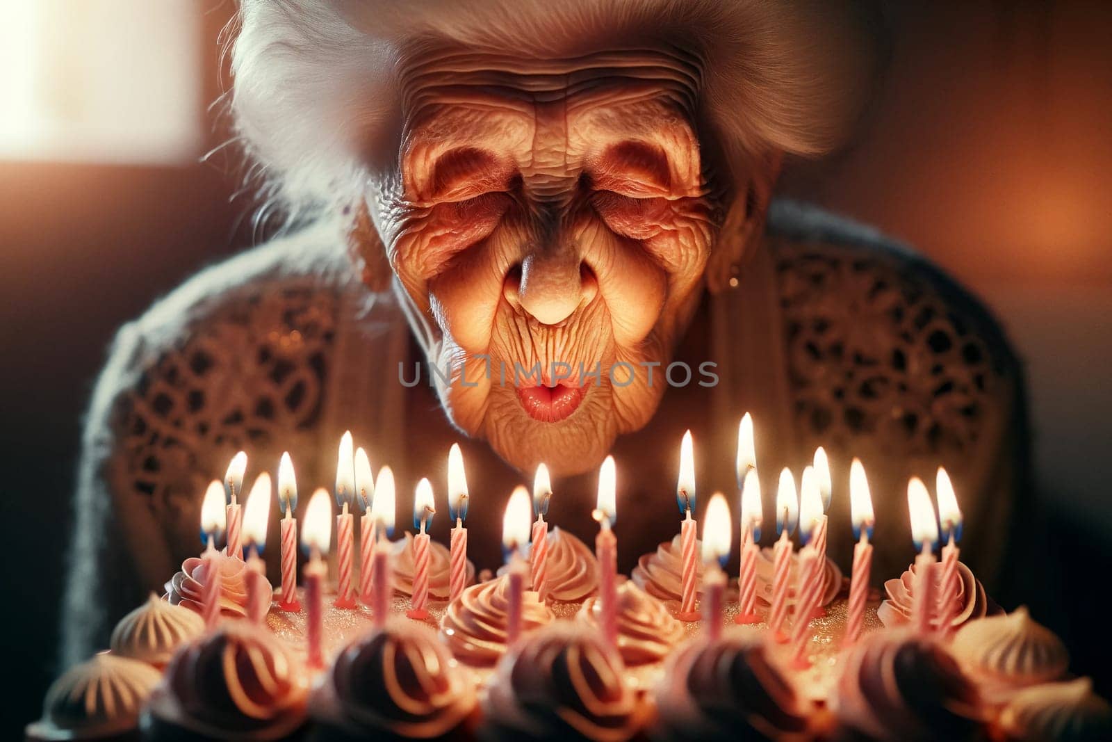an elderly woman blows out the burning candles on a birthday cake by Annado
