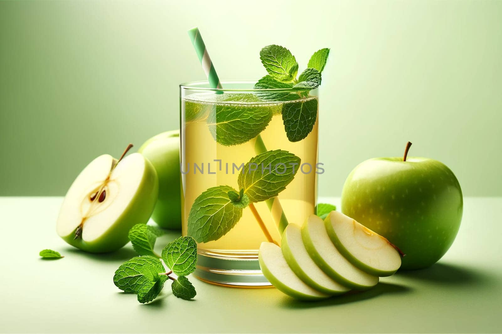 fresh apple juice in a glass with mint leaves and sliced green apples on a delicate green background close-up