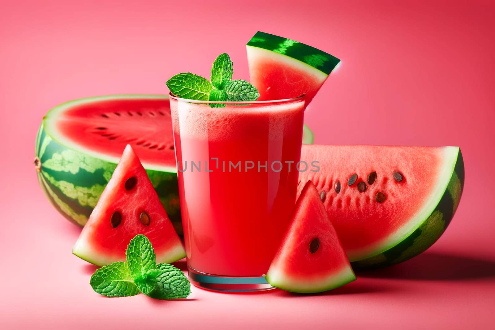 fresh watermelon in a glass with mint leaves and pieces of fresh watermelon on a pink background close-up
