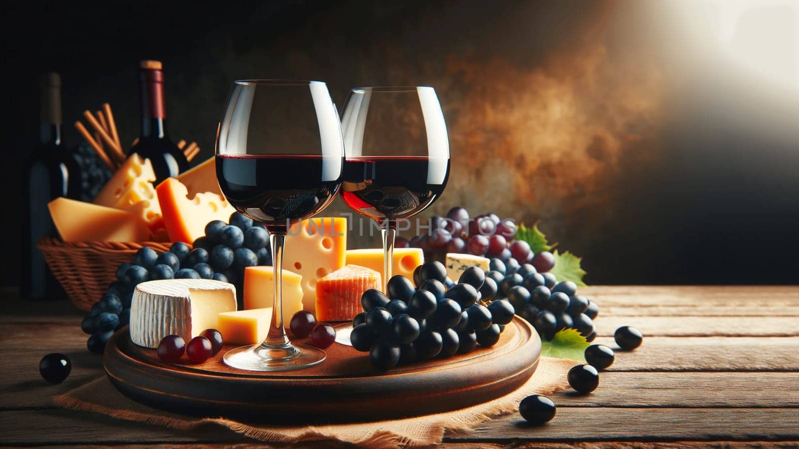 two glasses of red wine with assorted cheeses and grapes by Annado