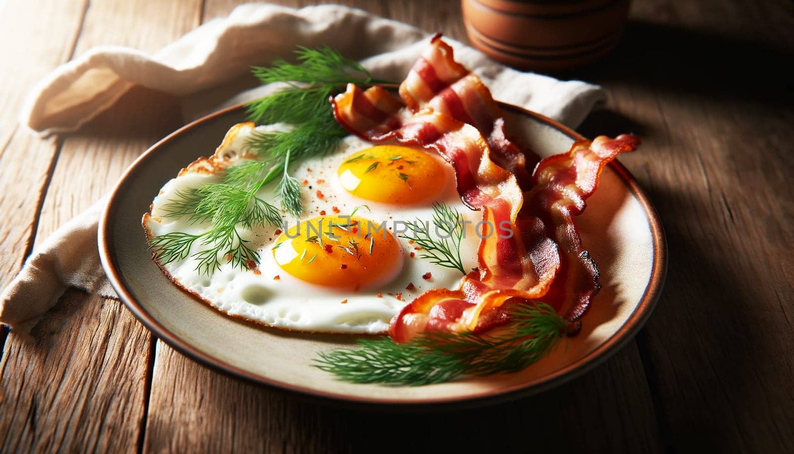 scrambled eggs and bacon closeup on a wooden table by Annado